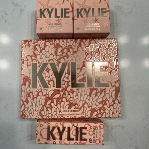 Kylie Cosmetics Pressed Powder Palette, shimmer eye glaze and lipstick